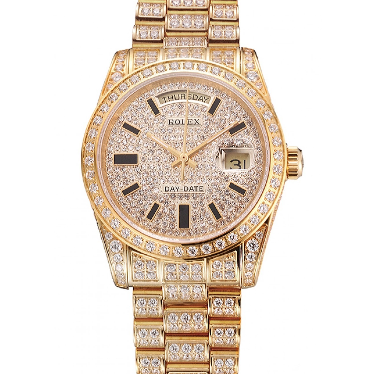 Rolex copies cheap Diamond Swiss Pave Full Yellow Rolex Date Gold Day 0525
